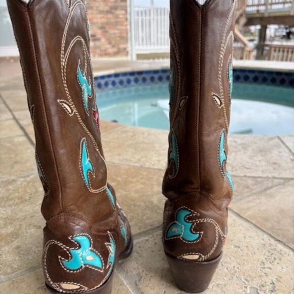 Corral vintage rare brown cowboy boots with butterfly and floral inlay 8M - Picture 10 of 12